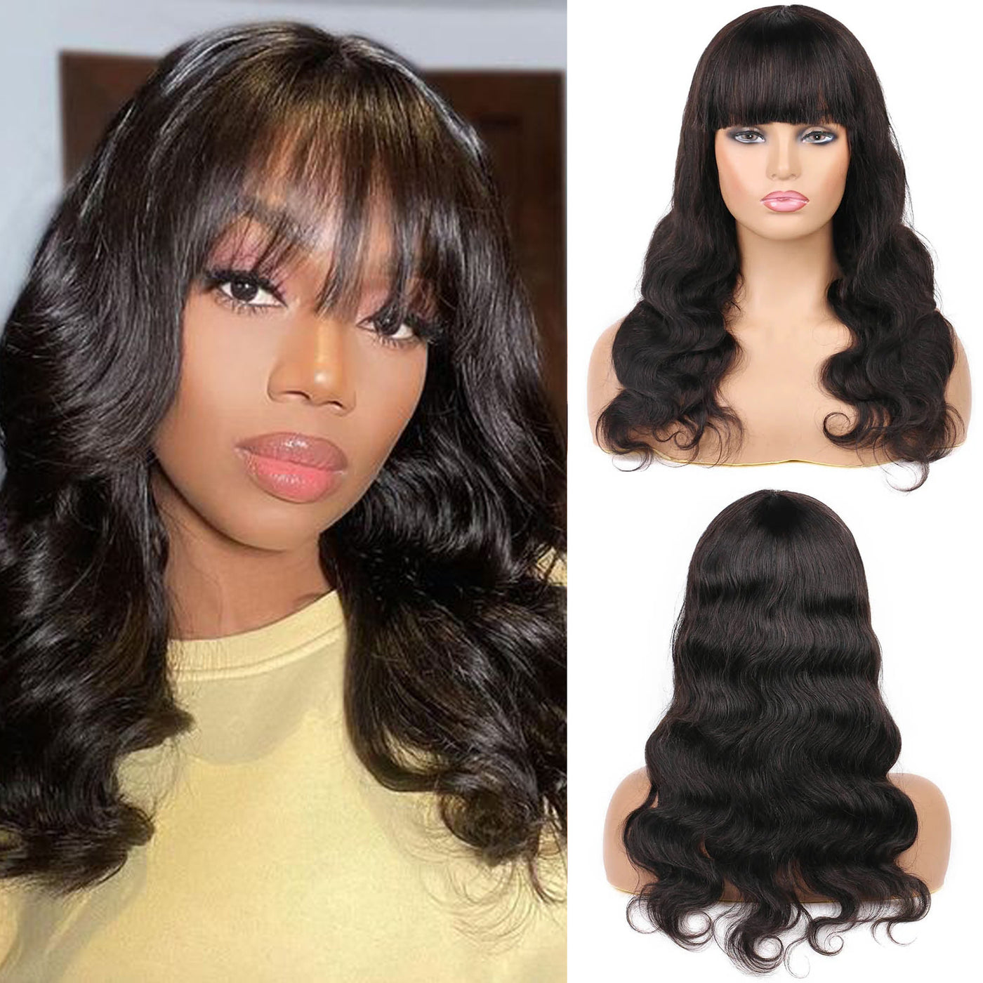 Body Wave Wig With Bangs For Women 100% Human Hair 130% Density Glueless Wigs Natural Black Color