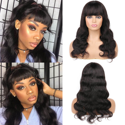 Body Wave Wig With Bangs For Women 100% Human Hair 130% Density Glueless Wigs Natural Black Color