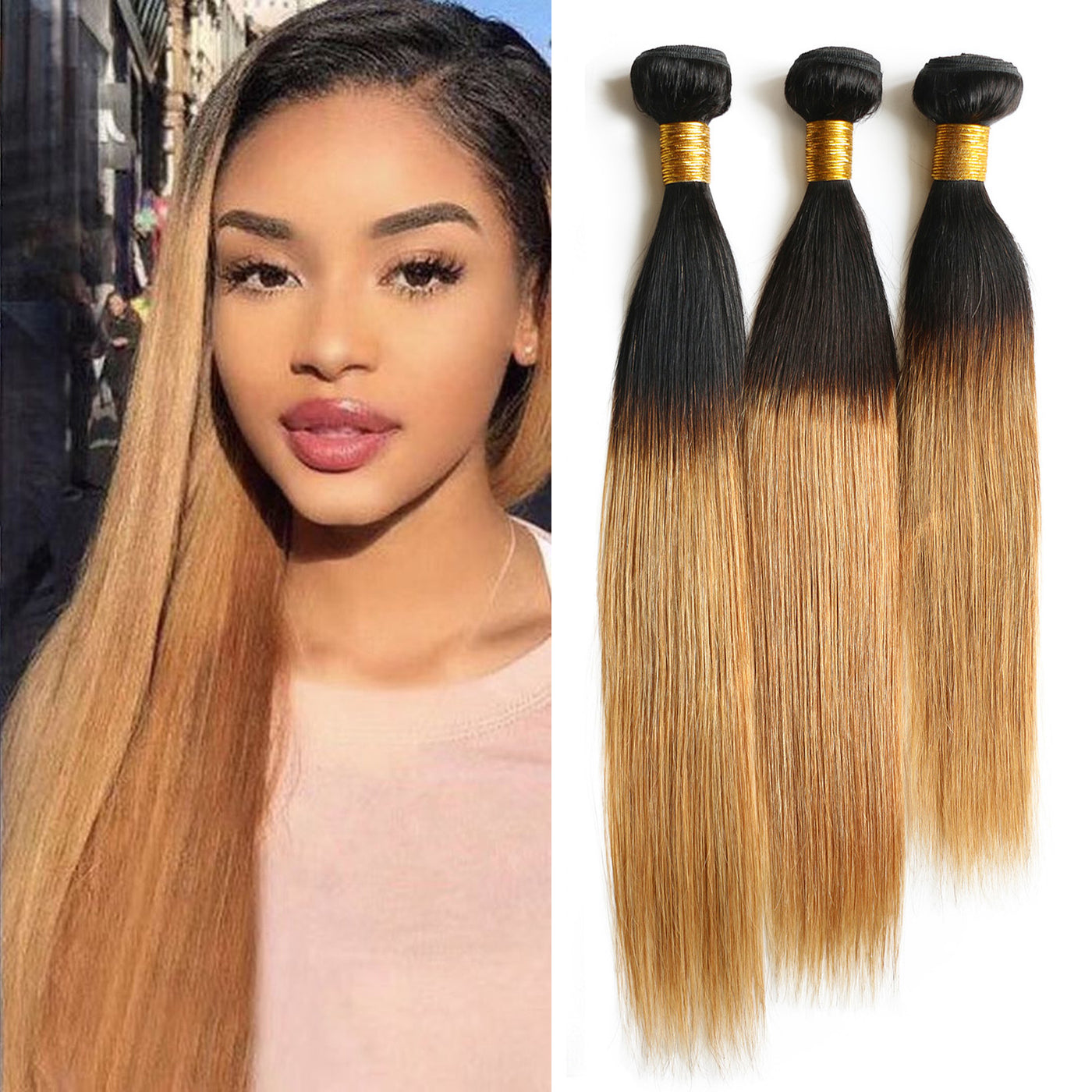 1b/27 Human Hair Straight Bundles 2 Tone Ombre Honey Blonde Hair Extensions with Black Roots