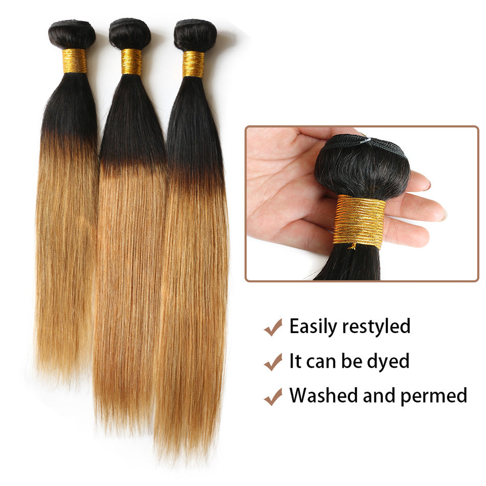 1b/27 Human Hair Straight Bundles 2 Tone Ombre Honey Blonde Hair Extensions with Black Roots