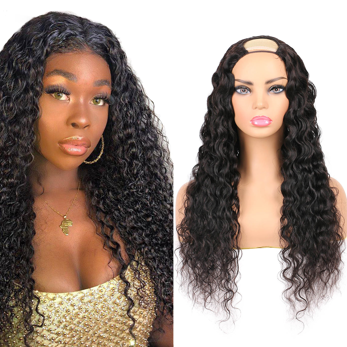 U Part Human Hair Wig with Clips 2"X4" U Shape Water Wave Remy Hair Glueless Wigs Natural Black Color