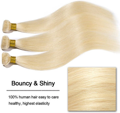 Human Hair Weave Straight Bundles 613 Bleach Blonde Real Remy Natural Hair Extensions Weft