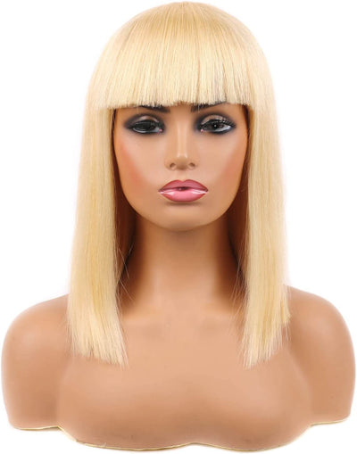 613 Bob Wigs Human Hair Straight Short Blonde Wigs Remy Hair Wigs with Bangs for Women Blunt Cut