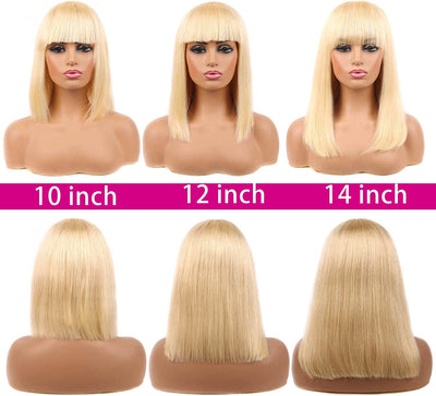 613 Bob Wigs Human Hair Straight Short Blonde Wigs Remy Hair Wigs with Bangs for Women Blunt Cut