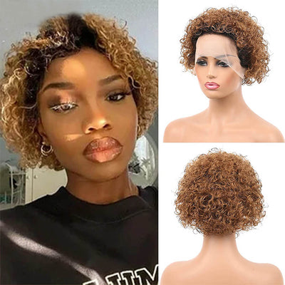 1b/30 Brown Curly Pixie Cut Wigs 13x1 Lace Front Wigs for Women Transparent Lace Wig Human Hair Ombre 1b and Auburn Brown Short Remy Curly Wigs Pre Plucked 6 Inch