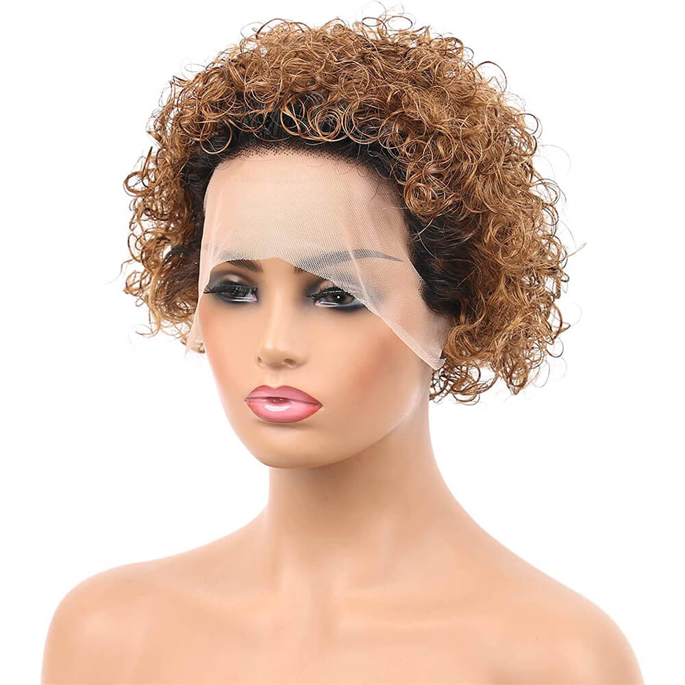 1b/30 Brown Curly Pixie Cut Wigs 13x1 Lace Front Wigs for Women Transparent Lace Wig Human Hair Ombre 1b and Auburn Brown Short Remy Curly Wigs Pre Plucked 6 Inch