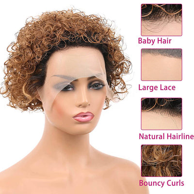 1b/30 Brown Curly Pixie Cut Wigs 13x1 Lace Front Wigs for Women Transparent Lace Wig Human Hair Ombre 1b and Auburn Brown Short Remy Curly Wigs Pre Plucked 6 Inch