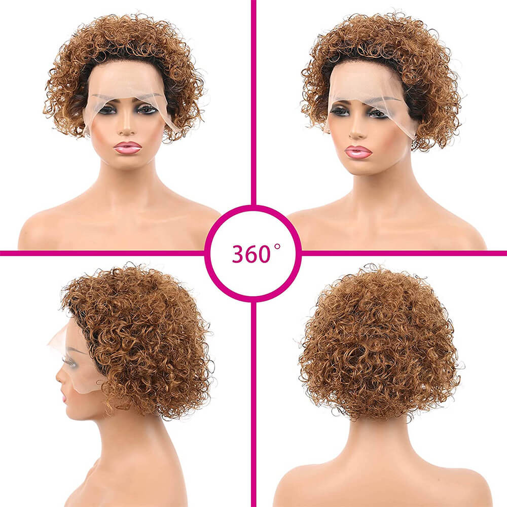 1b/30 Brown Curly Pixie Cut Wigs 13x1 Lace Front Wigs for Women Transparent Lace Wig Human Hair Ombre 1b and Auburn Brown Short Remy Curly Wigs Pre Plucked 6 Inch