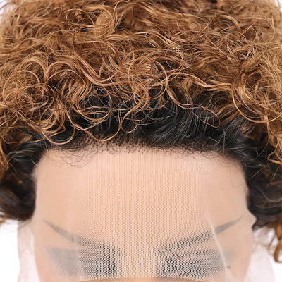 1b/30 Brown Curly Pixie Cut Wigs 13x1 Lace Front Wigs for Women Transparent Lace Wig Human Hair Ombre 1b and Auburn Brown Short Remy Curly Wigs Pre Plucked 6 Inch