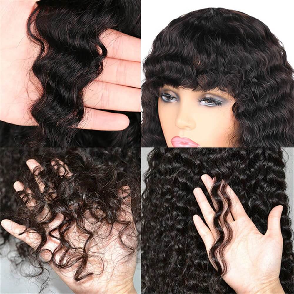 Human Hair Wigs With Bangs Deep Curly Wigs Brazilian Remy Human Hair Deep Wave Wigs For Women Natural Color