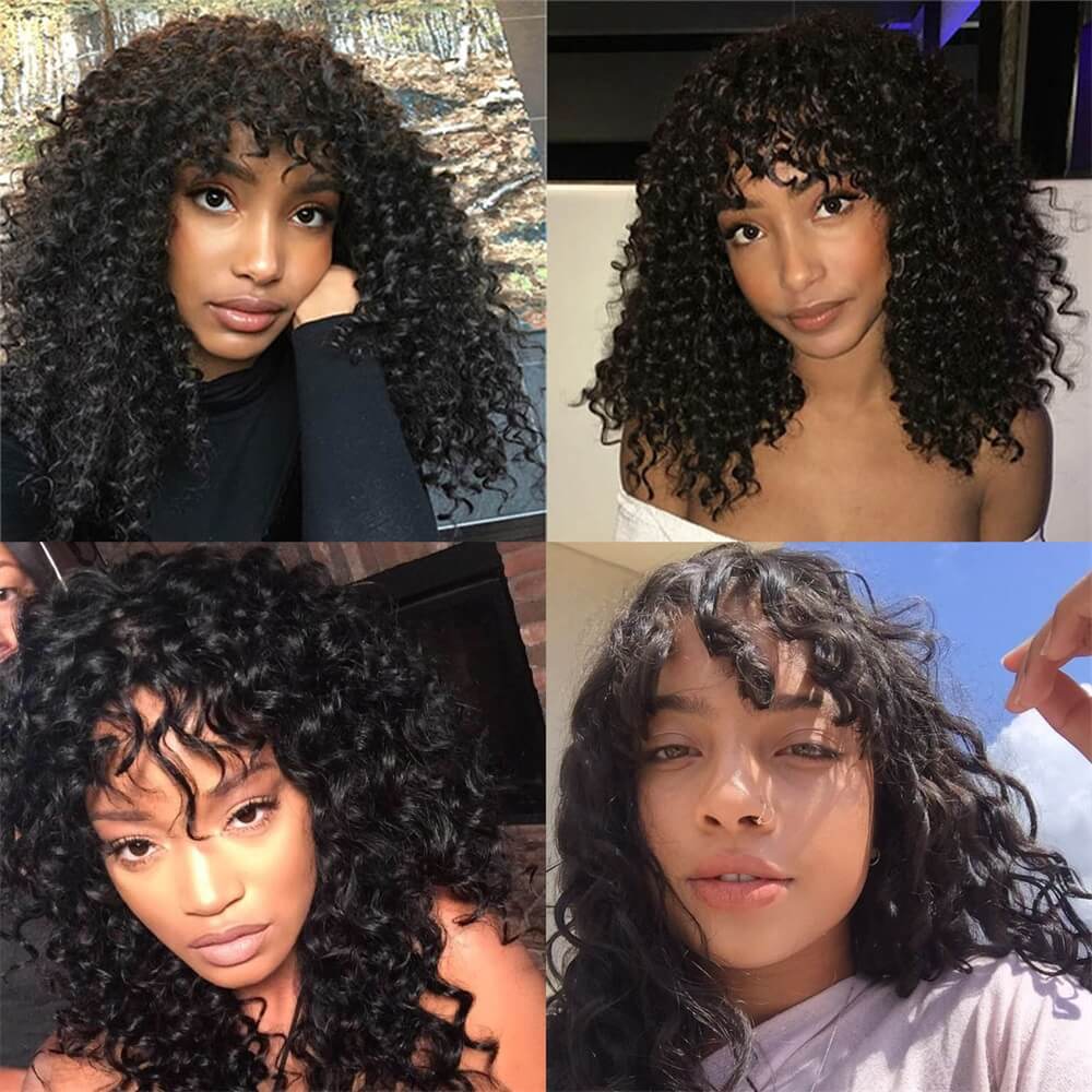 Human Hair Wigs With Bangs Deep Curly Wigs Brazilian Remy Human Hair Deep Wave Wigs For Women Natural Color