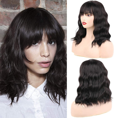 14 inch Wavy Curly Synthetic Hair Wigs With Fringes Natural Black Color Wigs Bob Middle Parting With Simulation Scalp Heat Resistant Women Realistic Wig