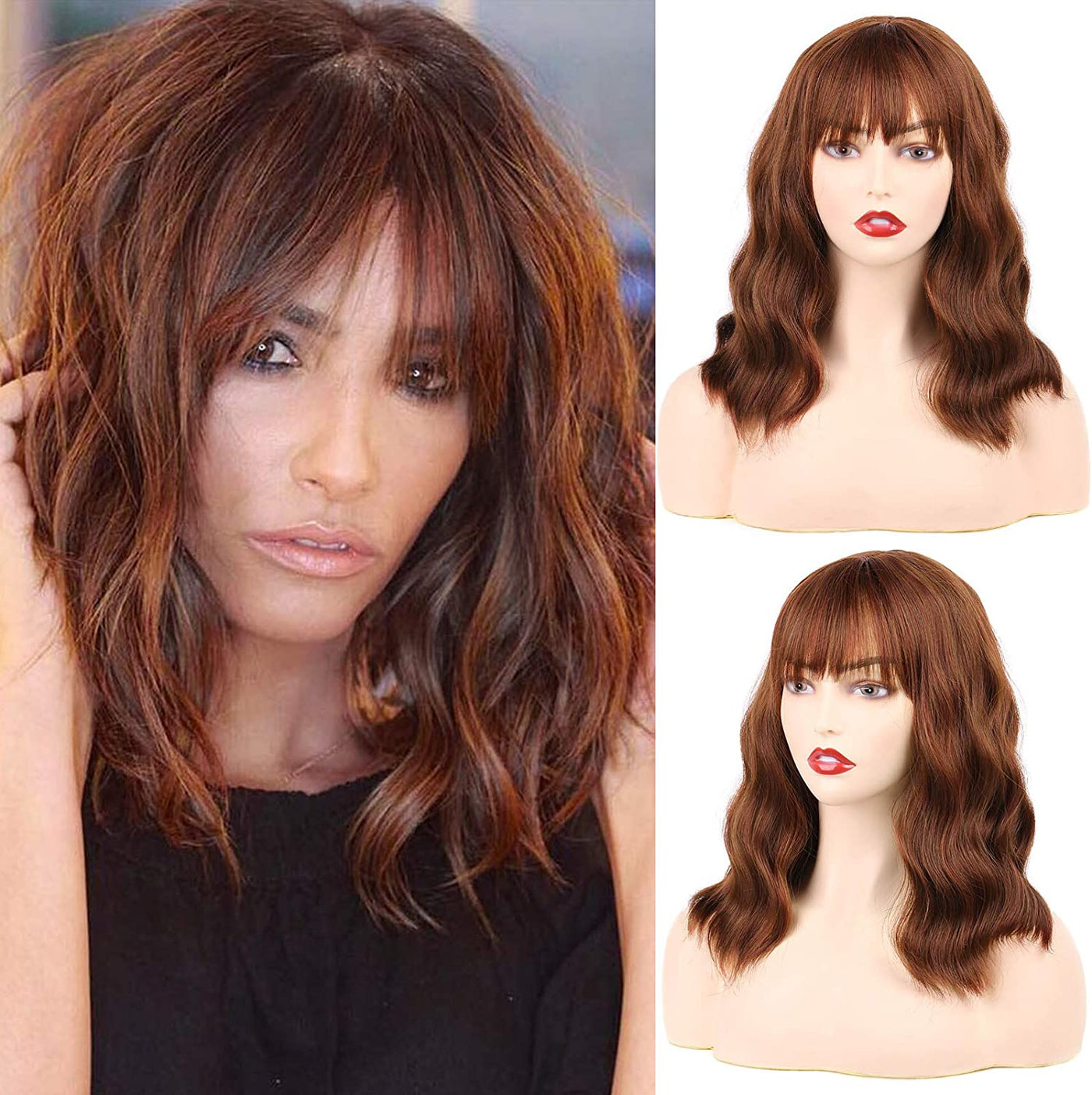 14 inch Wavy Curly Synthetic Hair Wigs With Fringes Natural Black Color Wigs Bob Middle Parting With Simulation Scalp Heat Resistant Women Realistic Wig