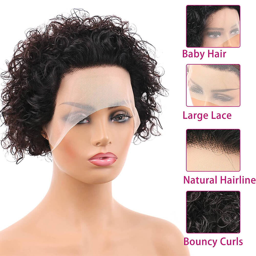 Short Pixie Cut Wigs for Black Women 13x1 Curly Lace Front Human Hair Wigs Remy Brazilian Curly Wigs Transparent Lace Natural Black 6 Inch 150 Density Tight Curls