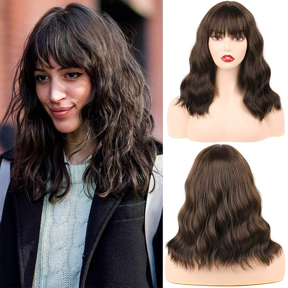 14?¡ÀWavy Curly Synthetic Hair Wigs With Fringes Mixed Ash Brown Color Wigs Bob Middle Parting With Simulation Scalp Long Heat Resistant Women Realistic Wig