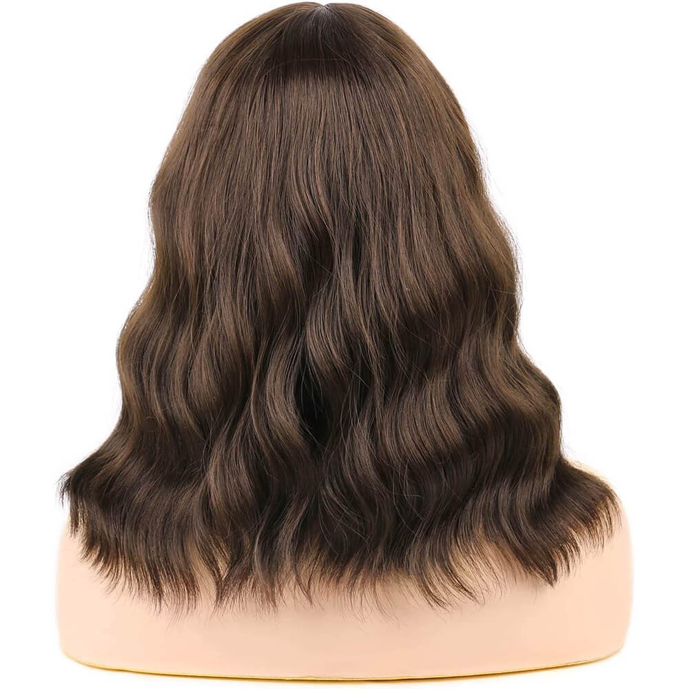 14?¡ÀWavy Curly Synthetic Hair Wigs With Fringes Mixed Ash Brown Color Wigs Bob Middle Parting With Simulation Scalp Long Heat Resistant Women Realistic Wig