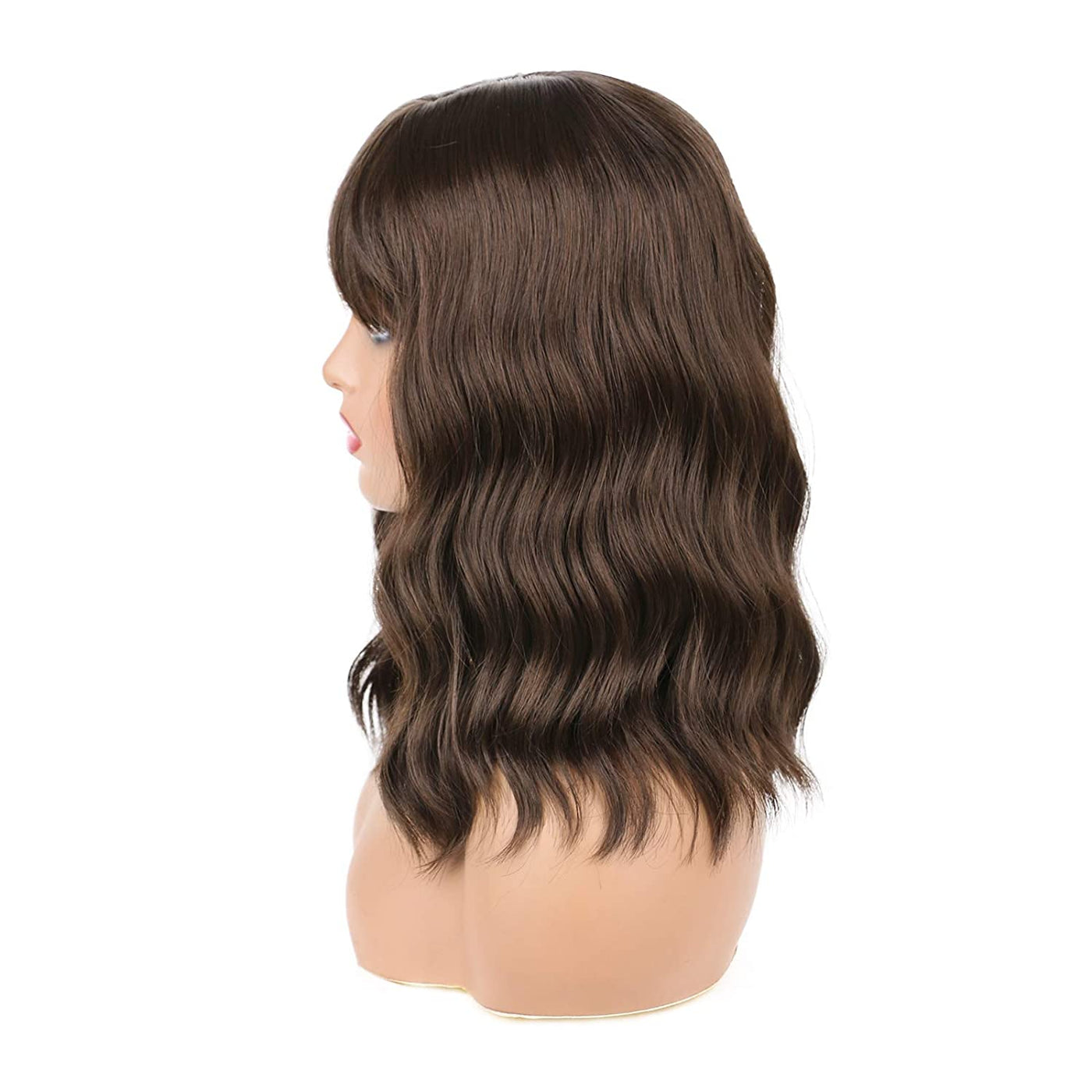 14 inch Wavy Curly Synthetic Hair Wigs With Fringes Natural Black Color Wigs Bob Middle Parting With Simulation Scalp Heat Resistant Women Realistic Wig