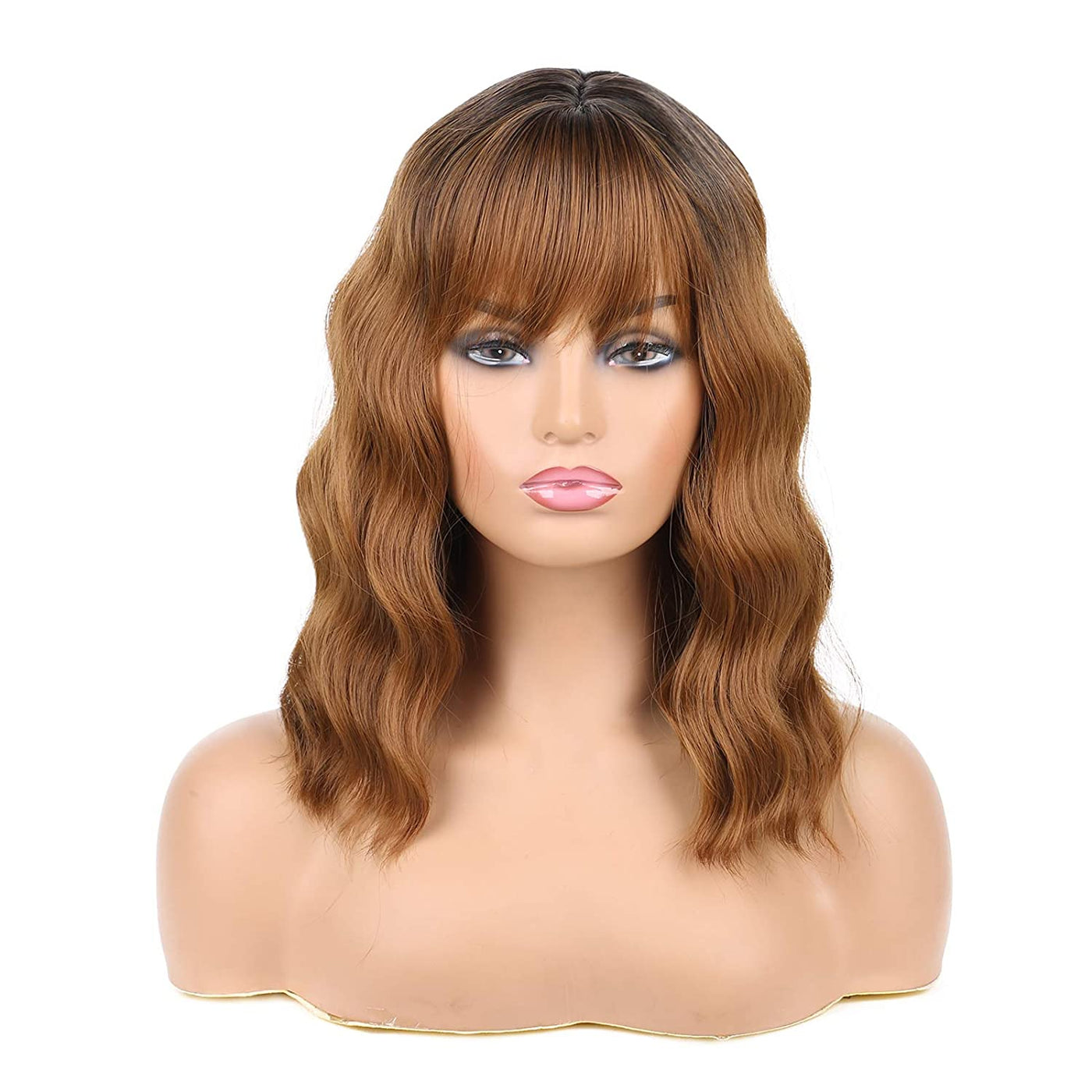 14 inch Wavy Curly Synthetic Hair Wigs With Fringes Natural Black Color Wigs Bob Middle Parting With Simulation Scalp Heat Resistant Women Realistic Wig