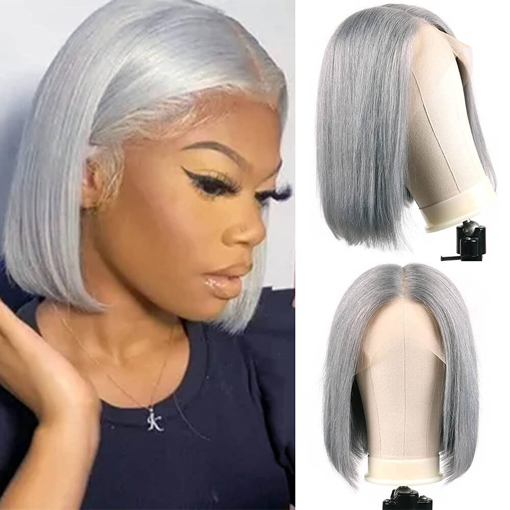 T Part Wig Short Gray Bob Wigs for Women  Straight Human Hair Wigs Transparent Lace Front 10 Inch Blunt Cut