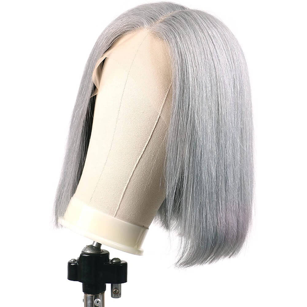 T Part Wig Short Gray Bob Wigs for Women  Straight Human Hair Wigs Transparent Lace Front 10 Inch Blunt Cut