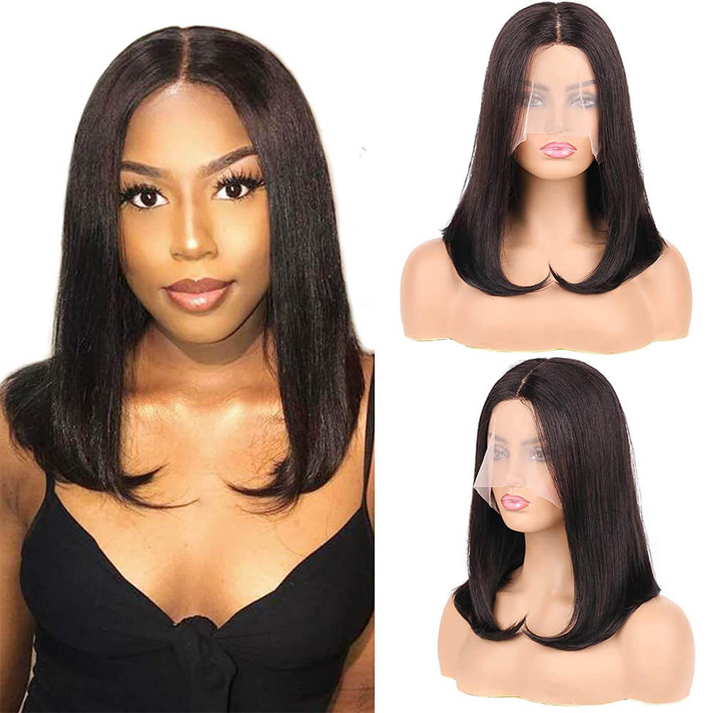 T Part Bob Lace Wig Glueless Straight Human Hair Wigs Middle Parting Wig for Women 150% Density Bob Wigs Blunt Cut