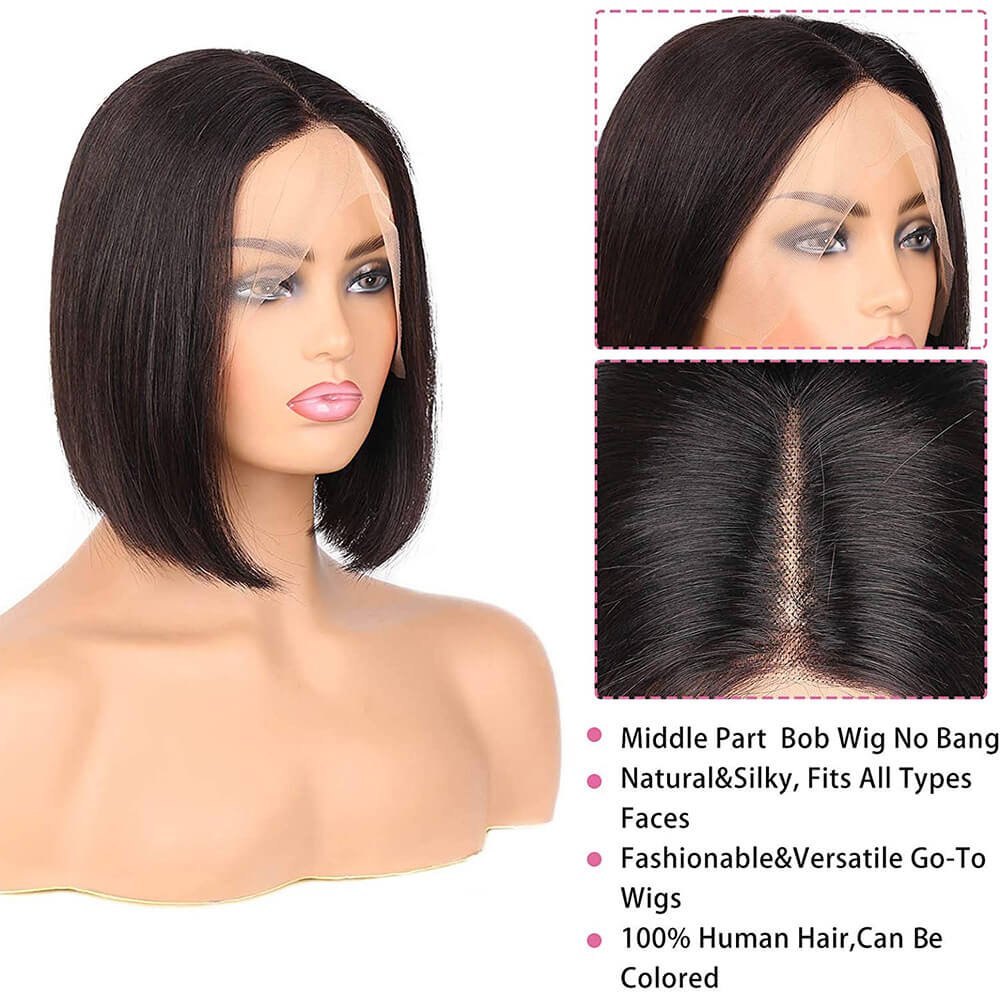 T Part Bob Lace Wig Glueless Straight Human Hair Wigs Middle Parting Wig for Women 150% Density Bob Wigs Blunt Cut