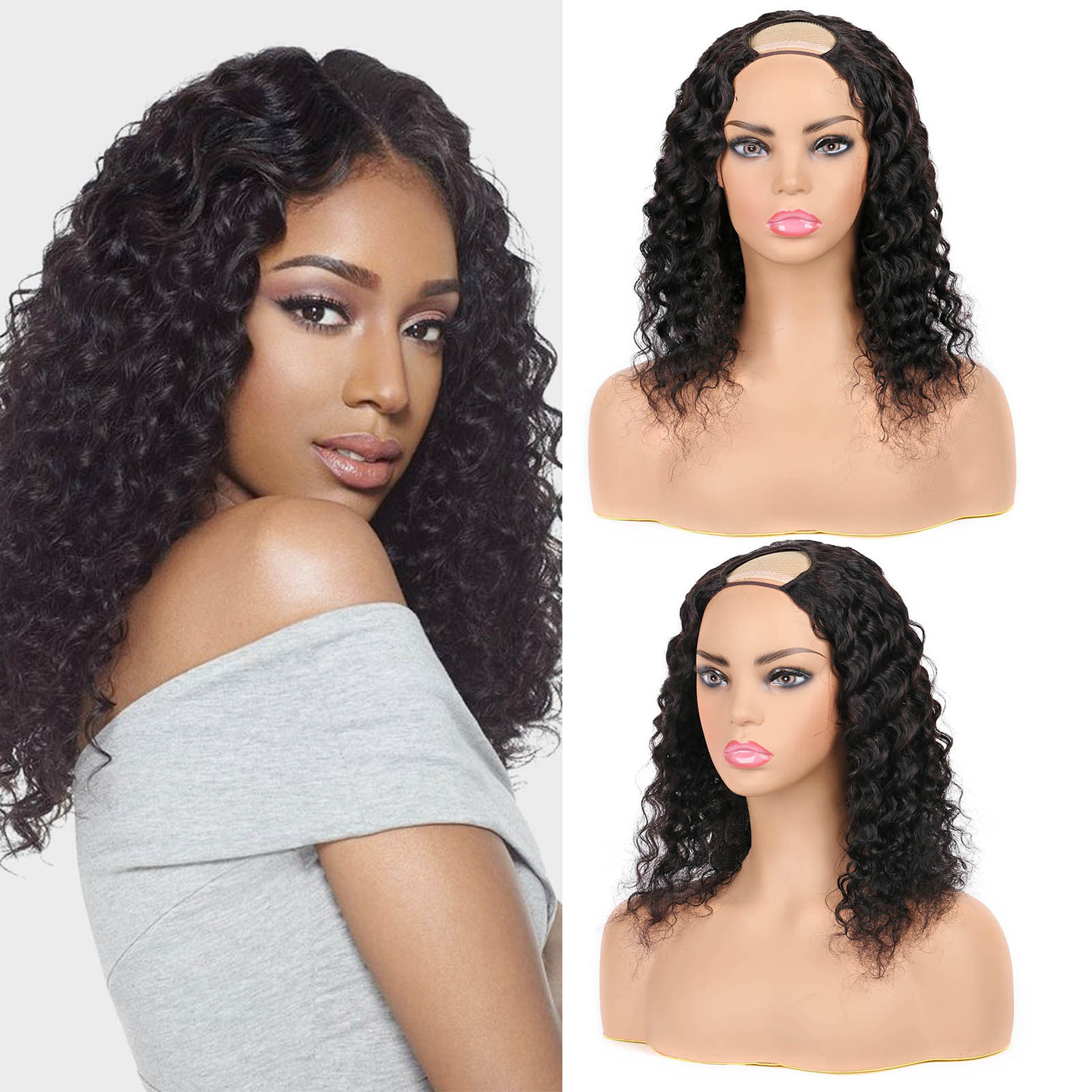 U Part Wig Deep Curly Hair Wig for Women Remy Human Hair U Shape Clip in Glueless Wigs 150% Density