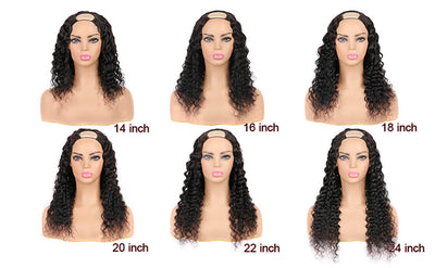 U Part Human Hair Wig with Clips 2"X4" U Shape Water Wave Remy Hair Glueless Wigs Natural Black Color