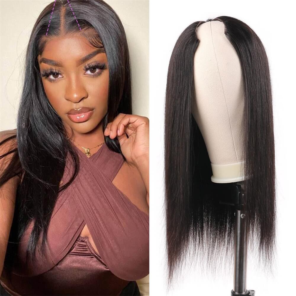 V Part Wigs Straight Brazilian Remy Human Hair Wigs for Women Upgrade U Part Wigs Glueless Clip In Half Wig No Leave Out 150% Density Natural Color