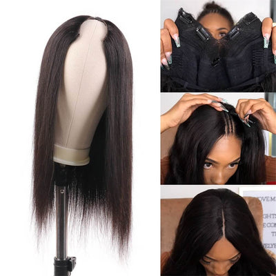 V Part Wigs Straight Brazilian Remy Human Hair Wigs for Women Upgrade U Part Wigs Glueless Clip In Half Wig No Leave Out 150% Density Natural Color