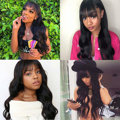 Body Wave Wig With Bangs For Women 100% Human Hair 130% Density Glueless Wigs Natural Black Color