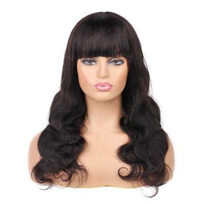 Body Wave Wig With Bangs For Women 100% Human Hair 130% Density Glueless Wigs Natural Black Color