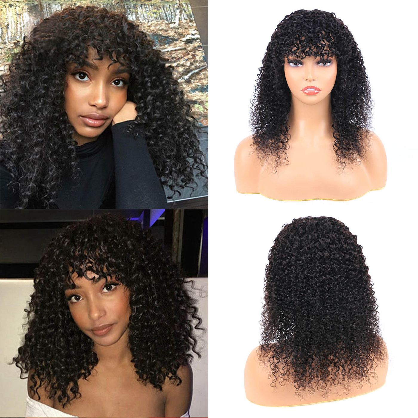 Human Hair Wigs With Bangs Kinky Curly Brazilian Remy Hair Curly Glueless Wig For Women Natural Color