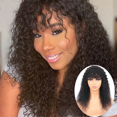 Human Hair Wigs With Bangs Kinky Curly Brazilian Remy Hair Curly Full Machine Made Wig For Women Natural Color