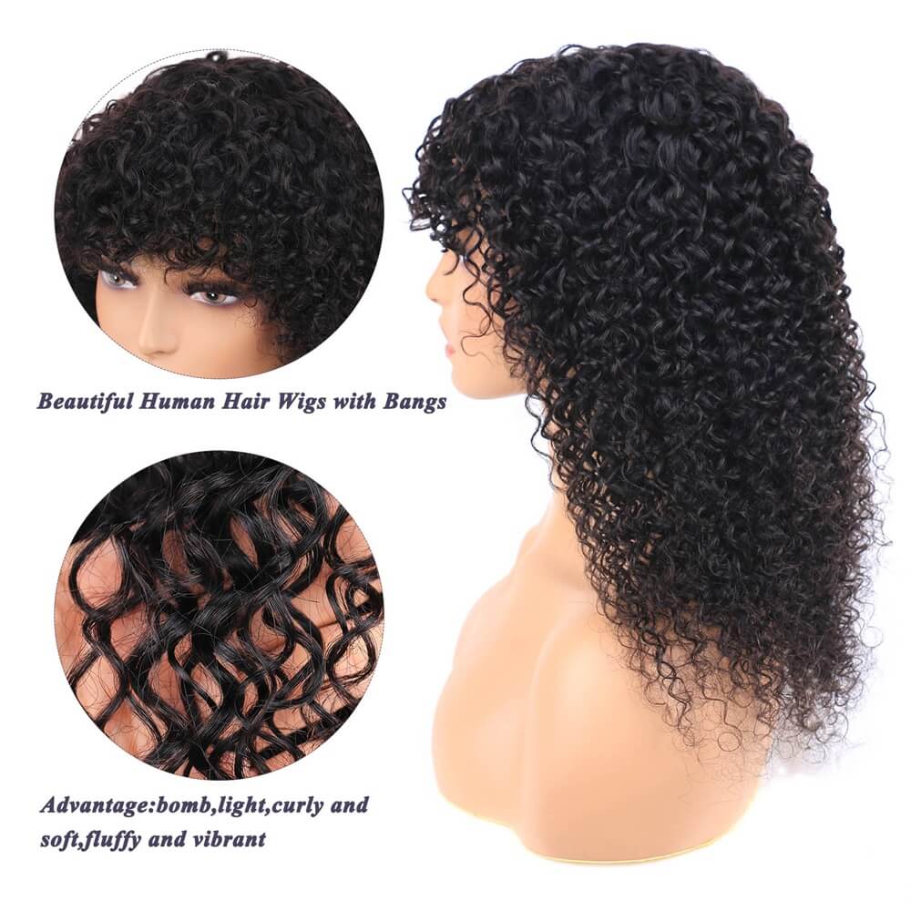 Human Hair Wigs With Bangs Kinky Curly Brazilian Remy Hair Curly Full Machine Made Wig For Women Natural Color