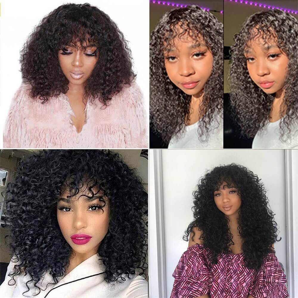 Human Hair Wigs With Bangs Kinky Curly Brazilian Remy Hair Curly Full Machine Made Wig For Women Natural Color