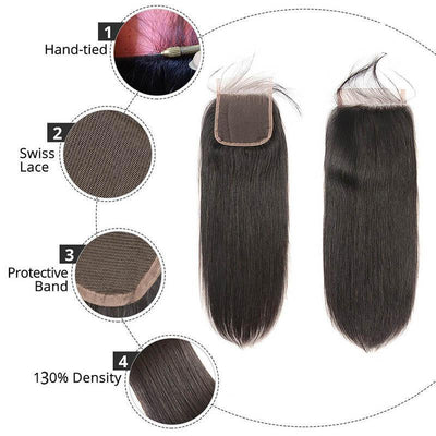 Daimer 4x4 Lace Closure Brazilian Straight Human Hair Closure Free Part Remy Natural Black