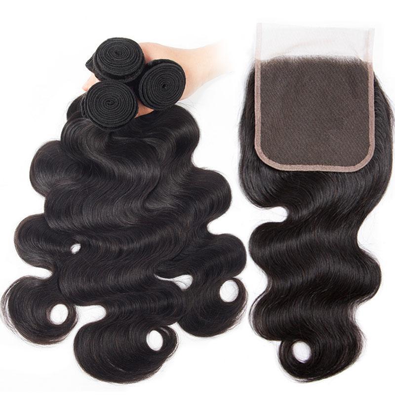 Daimer Brazilian Body Wave 3 Bundles With 4x4 Lace Closure Remy Human Hair Weave Natural Black 8-30 Inch