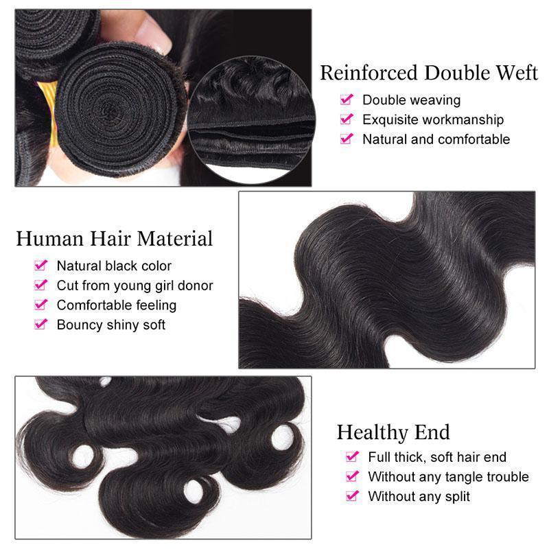 Daimer Brazilian Body Wave 3 Bundles With 4x4 Lace Closure Remy Human Hair Weave Natural Black 8-30 Inch