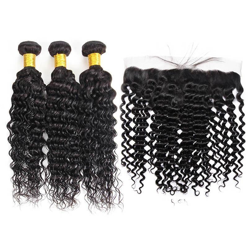 Daimer Brazilian Deep Curly Hair 3 Bundles With 13x4 Ear To Ear Frontal Closure Deep Wave Virgin Human Hair Weave