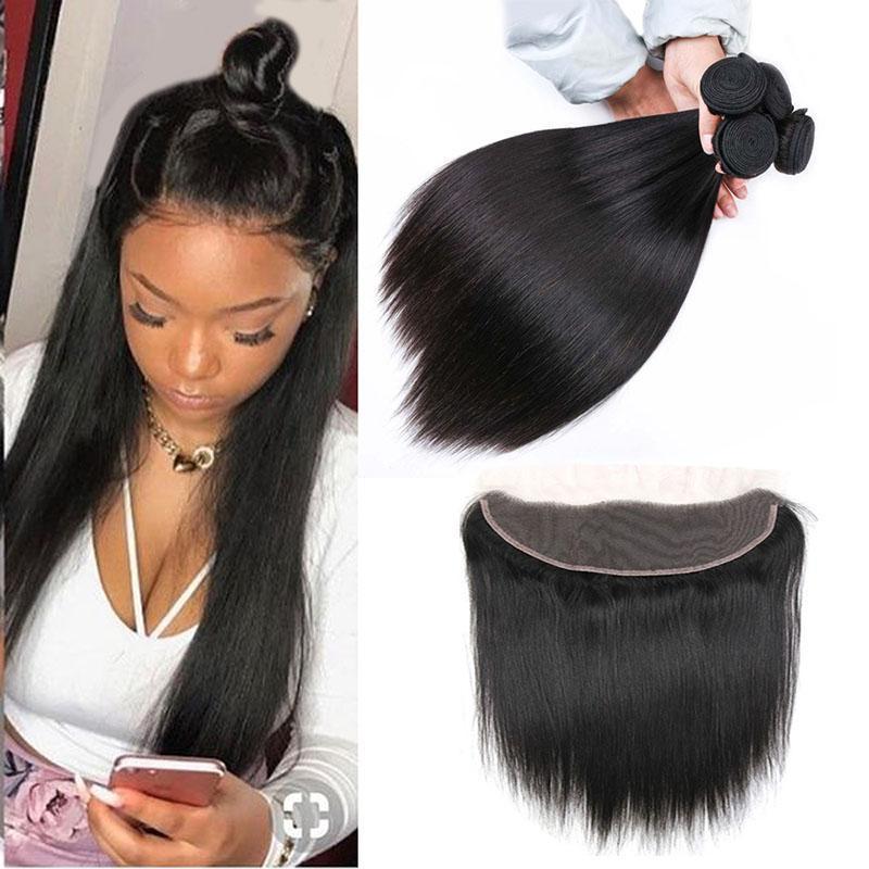 Daimer Brazilian Hair Weave Bundles With Frontal Straight Virgin Human Hair 3 Bundles With Closure Natural Black