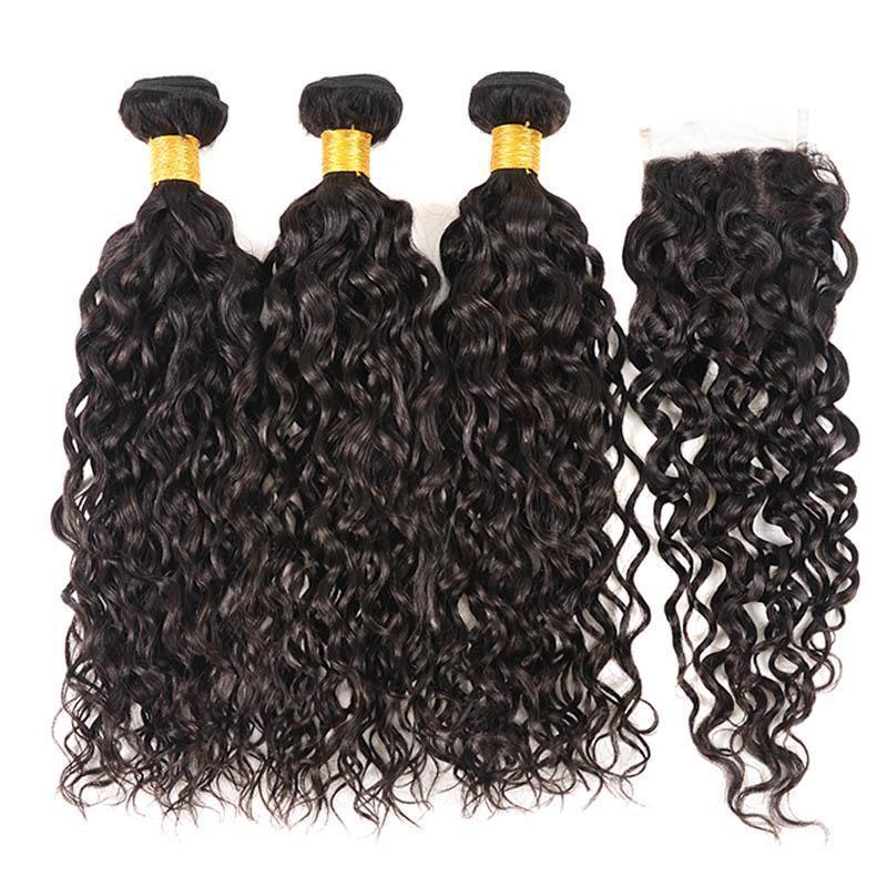 Daimer Brazilian Water Wave 3 Bundles With Closure Human Hair 8-30 Inch Natural Color Remy Hair Weave