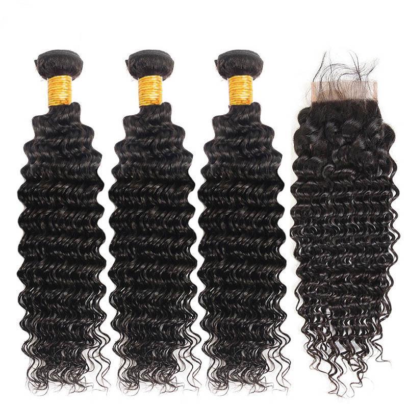 Daimer Deep Wave Bundles With Closure Human Hair Virgin Brazilian Deep Curly Weave 8-30 Inch Natural Black