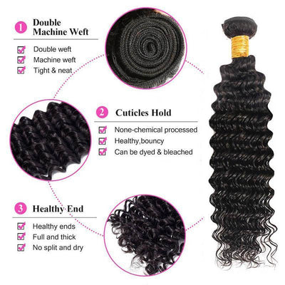 Daimer Deep Wave Bundles With Closure Human Hair Virgin Brazilian Deep Curly Weave 8-30 Inch Natural Black