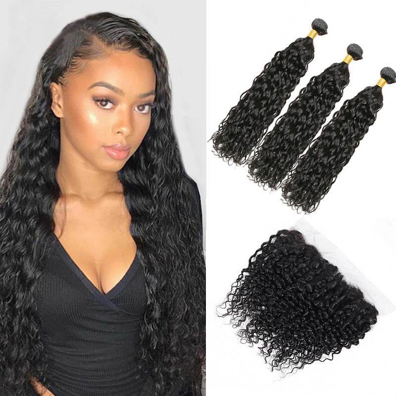 Daimer Remy Brazilian Water Wave With Lace Frontal Human Hair Weave 3 Bundles With Frontal 8-30 Inch