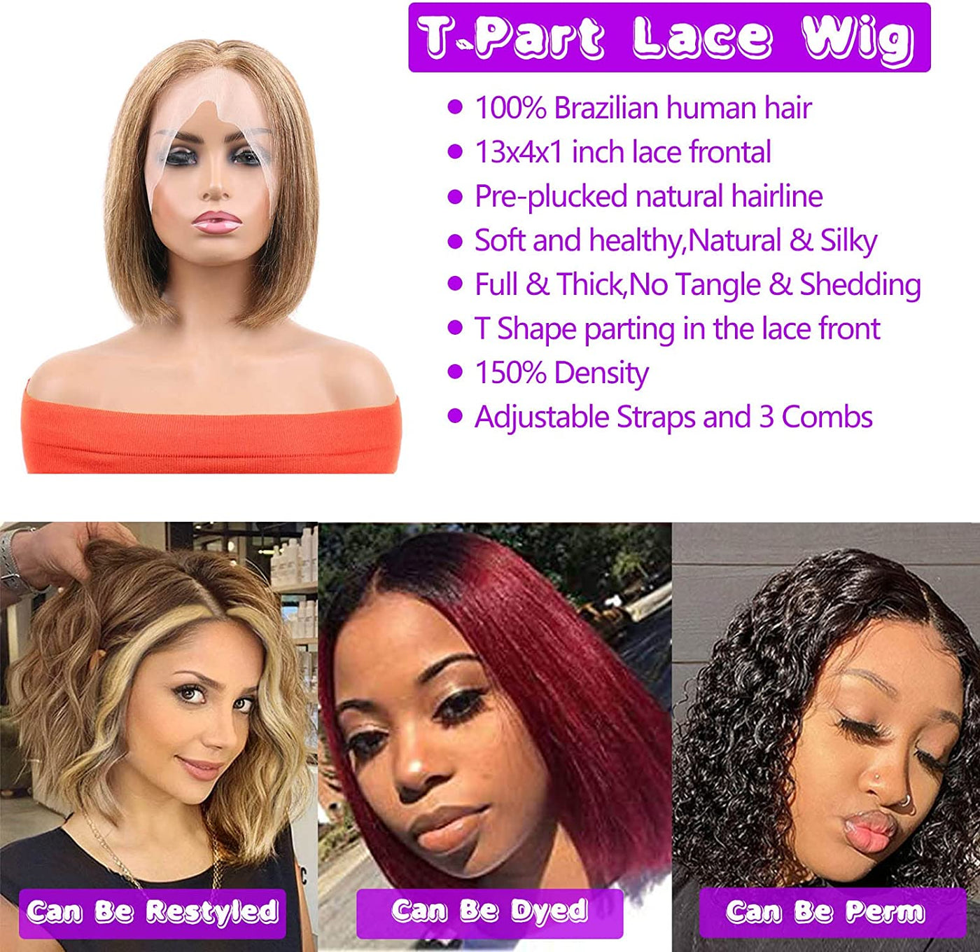 T Part Wig Human Hair Bob Wigs 4/27 Highlight Short Bob Straight Hair Wigs for Women