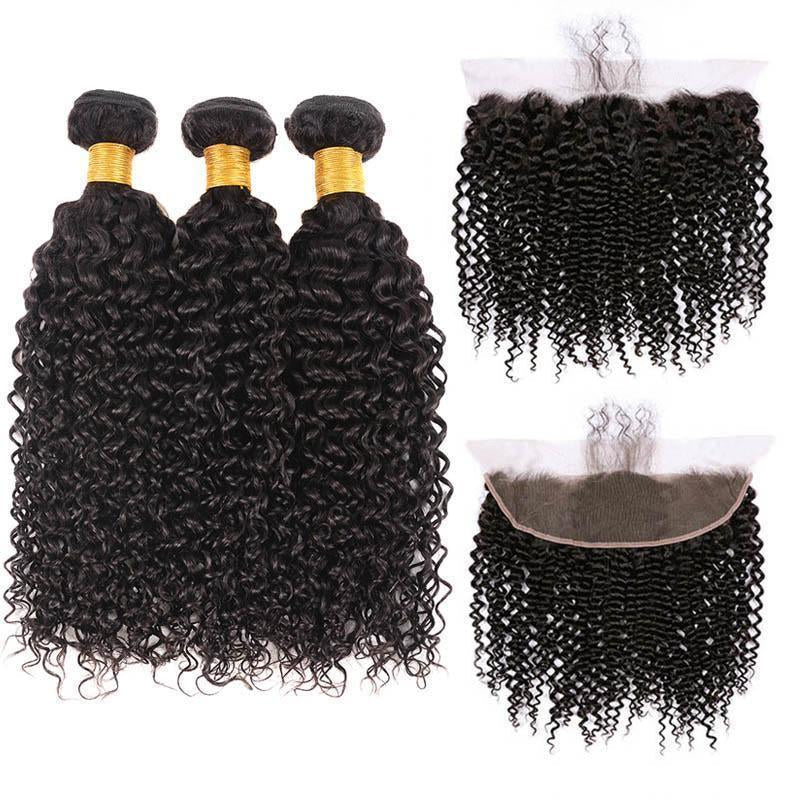 Kinky Curly Hair Bundles With Lace Frontal Human Hair 3 Bundles With Ear To Ear Closure Brazilian Virgin Hair Weave