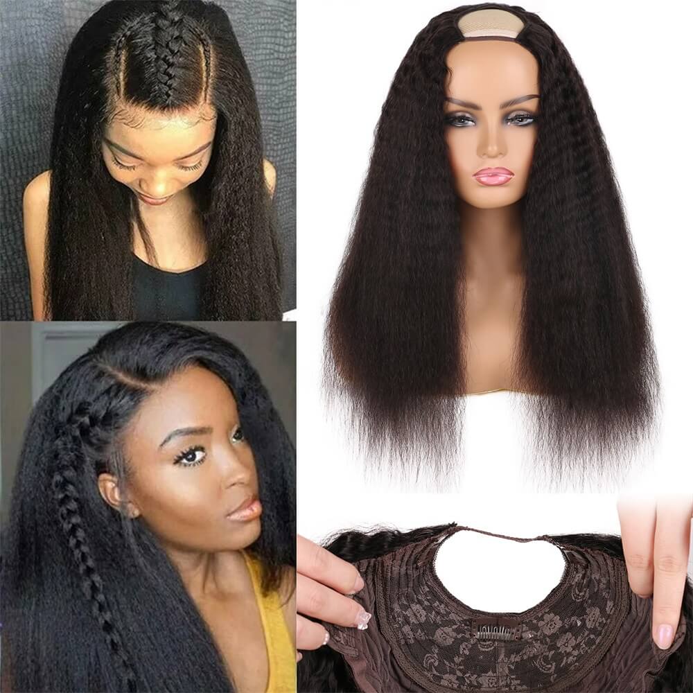 U Part Wig Human Hair Yaki Straight Wigs For Women 2x4 U Shape Kinky Traight Glueless Wig Natural Black Can Be Dyed