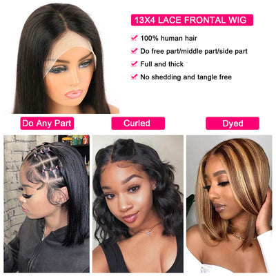 13x4 Lace Front Bob Wigs Human Hair Straight 150% Density HD Transparent Lace Natural Black