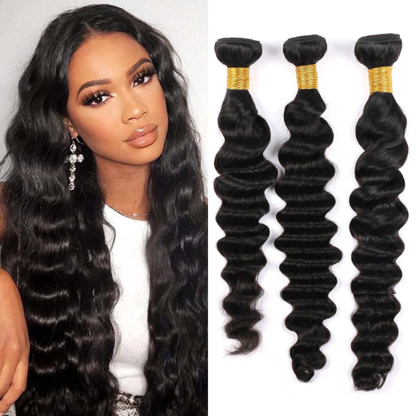 Loose Deep Wave Human Hair Bundles Brazilian Remy Hair Loose Deep Curly Hair 3 Bundles Natural Color